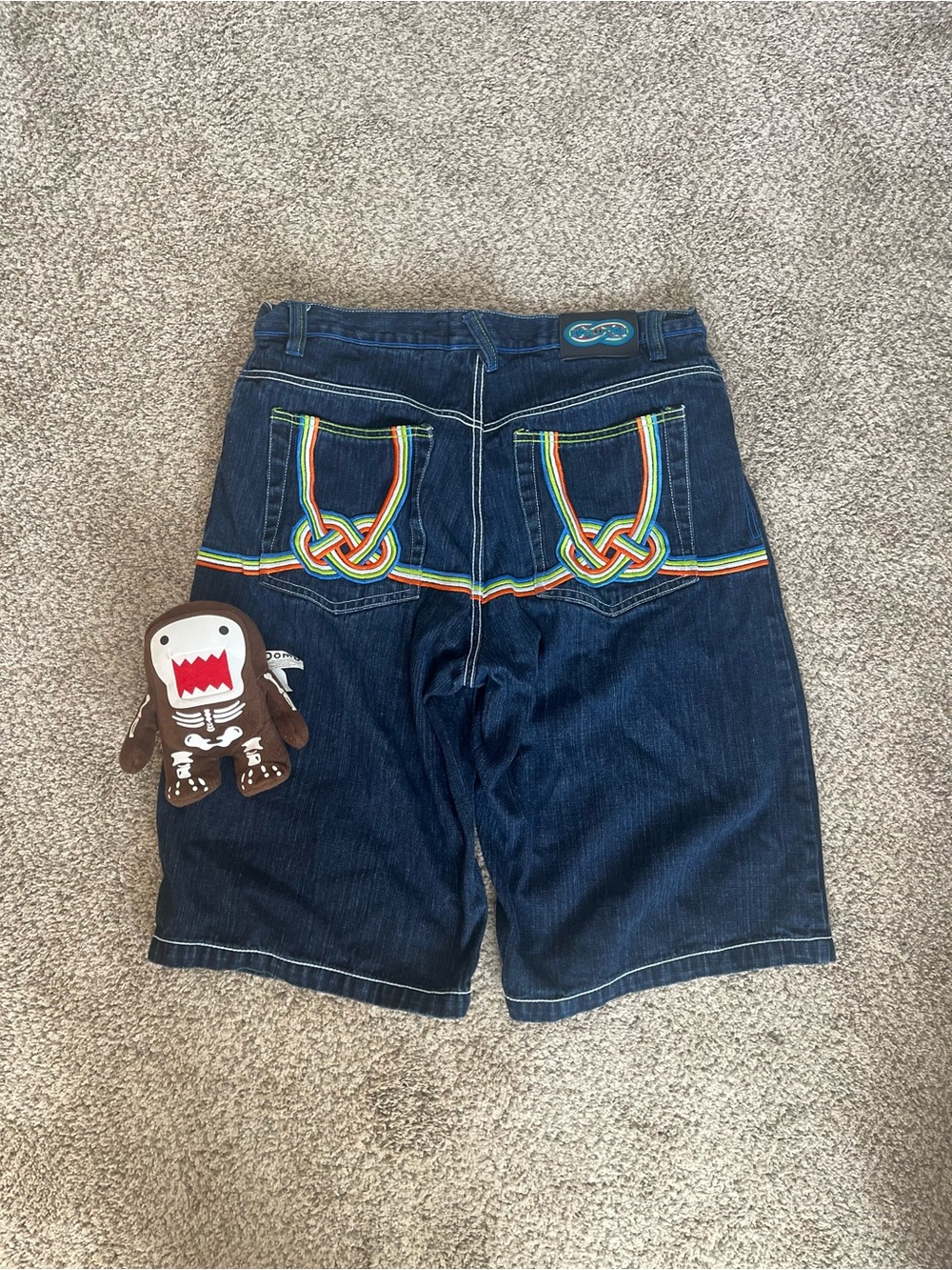 Dark Wash Denim Shorts Jorts with Rainbow Knot Infinity Back Pocket Detail